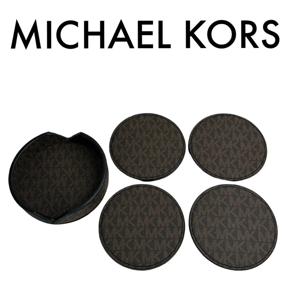 MICHAEL KORS NEW BROWN BLACK MONOGRAM SET OF 4 COASTERS WITH HOLDER
